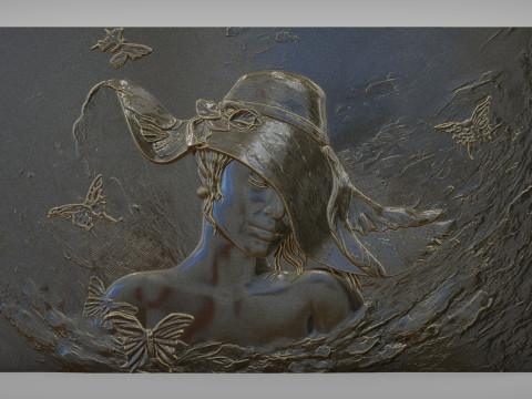 Beauty Women With Hat Bas Relief Model do druku 3D