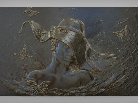 Beauty Women With Hat Bas Relief 3D Print Model