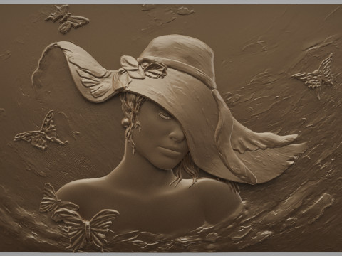 Beauty Women With Hat Bas Relief Model do druku 3D