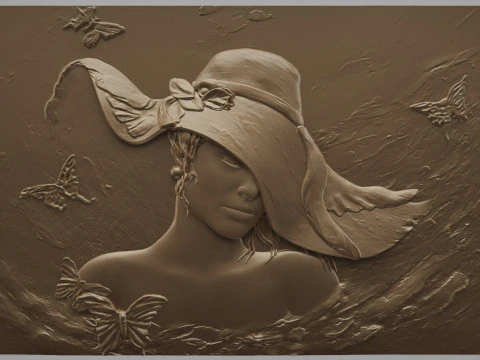 Beauty Women With Hat Bas Relief 3D Print Model