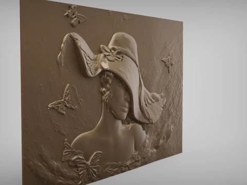 Beauty Women With Hat Bas Relief 3D Print Model