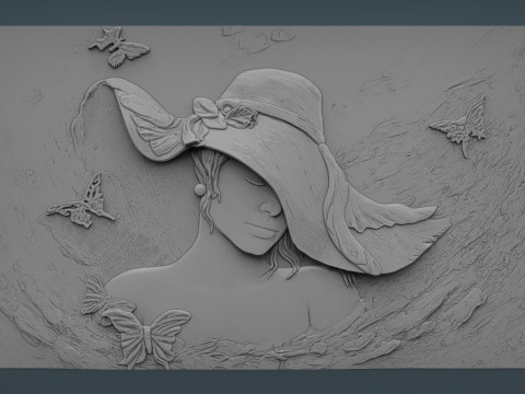 Beauty Women With Hat Bas Relief Model do druku 3D