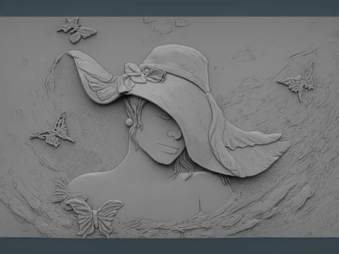 Beauty Women With Hat Bas Relief 3D Print Model