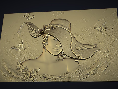 Beauty Women With Hat Bas Relief Model do druku 3D