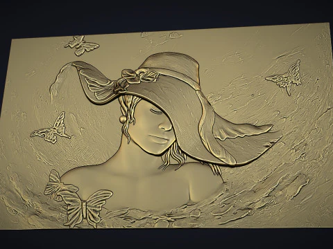Beauty Women With Hat Bas Relief 3D Print Model