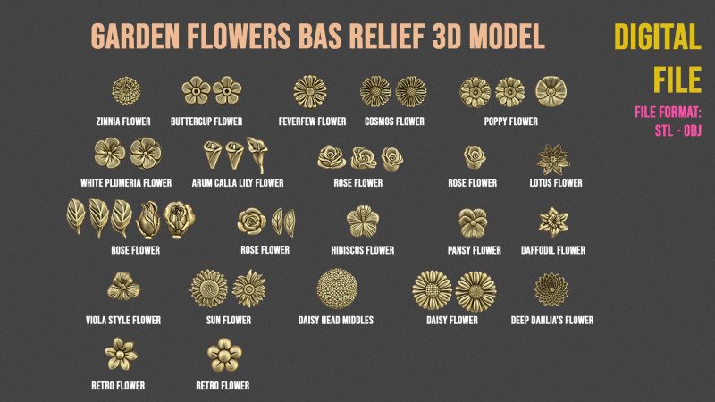 Garden Flowers Bas Relief Set Model Cetak 3D .c4d .max .obj .3ds .fbx .stl .blend 