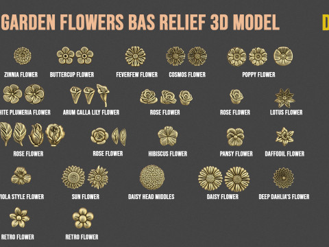 Garden Flowers Bas Relief Set 3D प्रिंट मॉडल