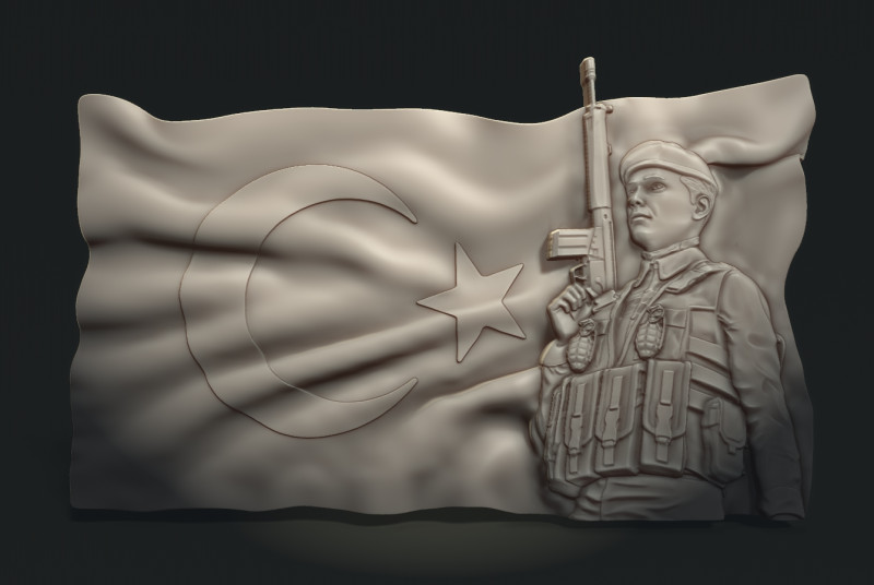 Turkish Flag and Soldier Bas Relief 3D 打印模型 .c4d .max .obj .3ds .fbx .stl .blend