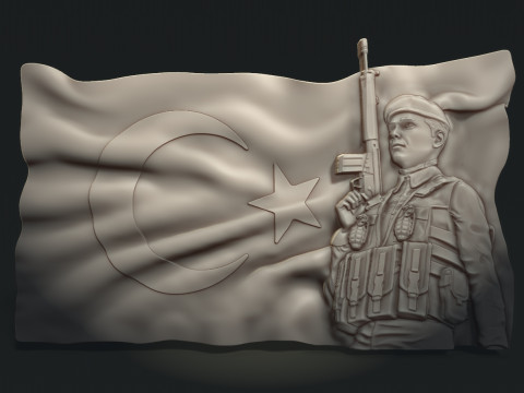 Turkish Flag and Soldier Bas Relief Modèles 3D en vedette