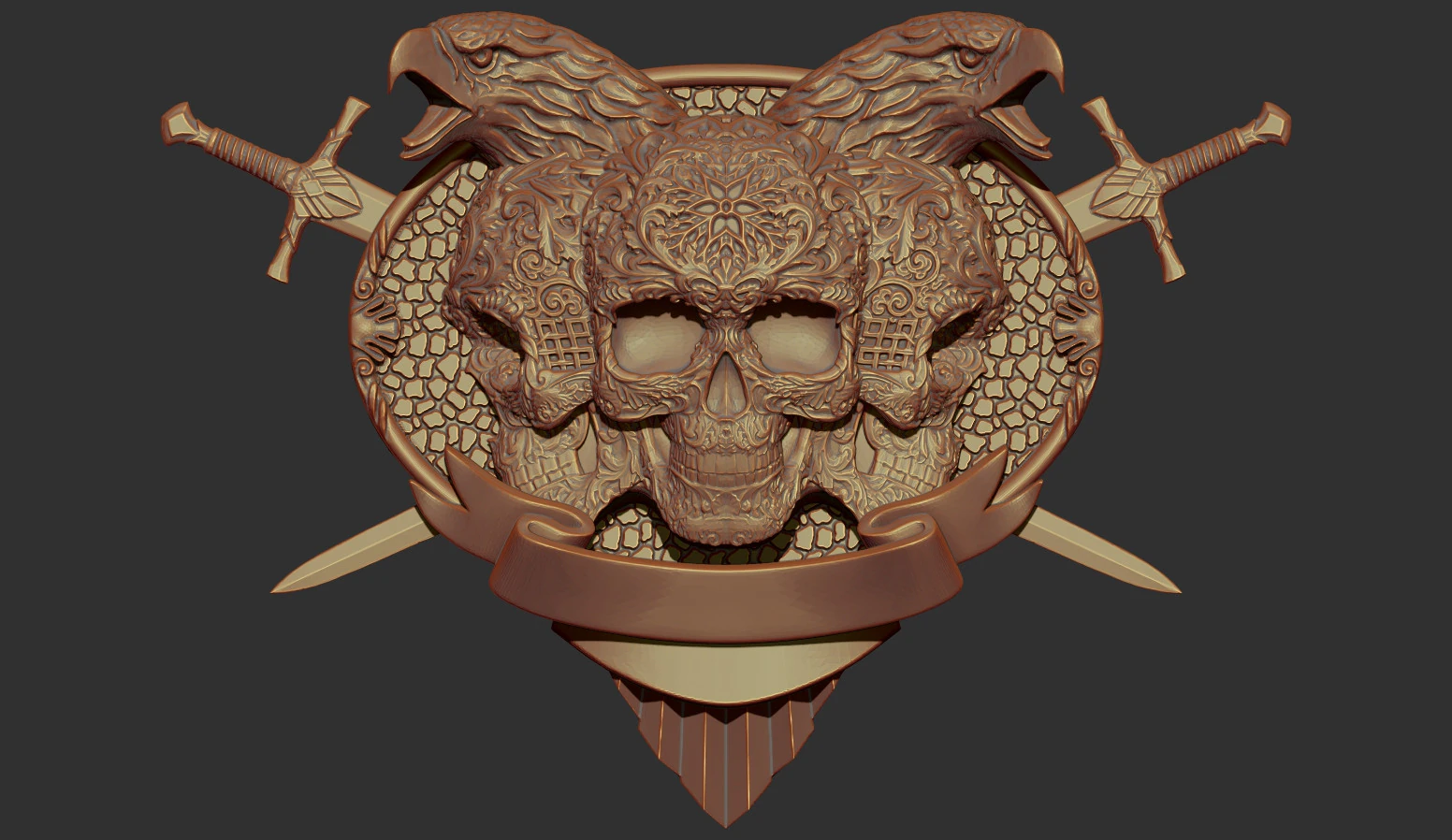 Skull Shield Eagle Head and Sword 3D Print Model .c4d .max .obj .3ds .fbx .stl .blend