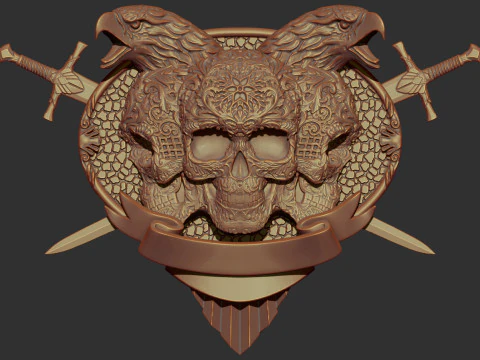 Tengkorak Perisai Kepala Elang dan Pedang Model Cetak 3D