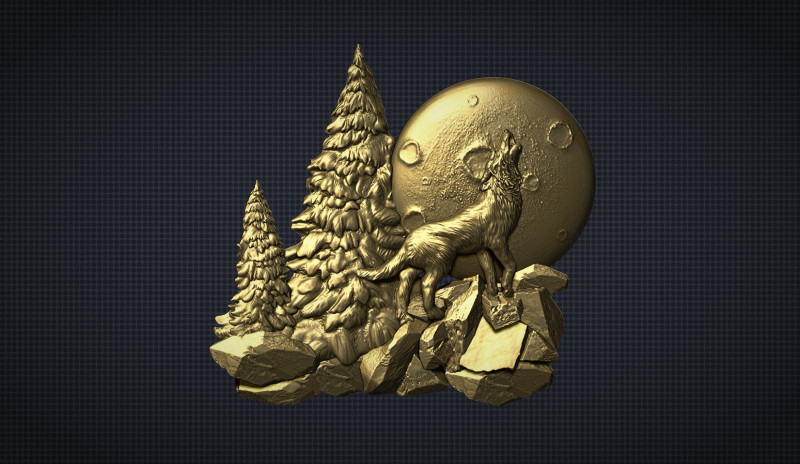 The wolf howling in the full moon 3D प्रिंट मॉडल .c4d .max .obj .3ds .fbx .stl .blend