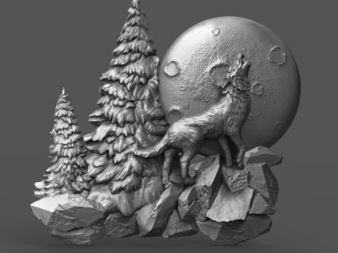 The wolf howling in the full moon 3D Print Model
