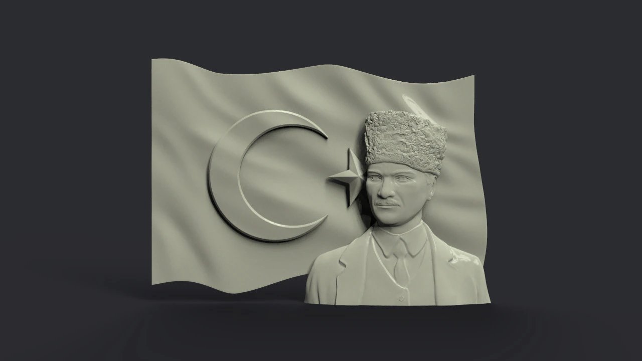 Gazi Mustafa Kemal Ataturk and Turkish Flag 3D Print Model .c4d .max .obj .3ds .fbx .stl .blend 
