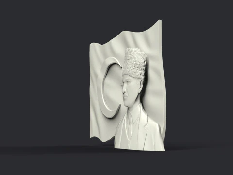 Gazi Mustafa Kemal Ataturk and Turkish Flag 3D Print Model