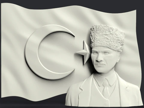 Gazi Mustafa Kemal Ataturk and Turkish Flag 3D Print Model
