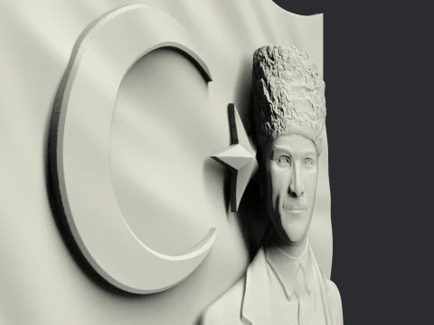 Gazi Mustafa Kemal Ataturk and Turkish Flag 3D Print Model