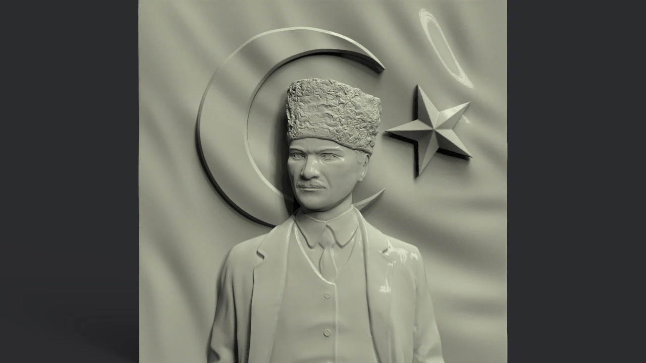 Gazi Mustafa Kemal Ataturk and Turkish Flag 3D Print Model .c4d .max .obj .3ds .fbx .stl .blend 