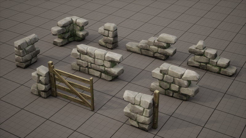 Modular Stone Wall and Gate Kit 3D Model .c4d .max .obj .3ds .fbx .stl .blend