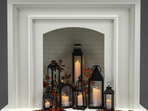 fireplace with candles and leaves 3D Model