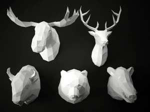 low poly animal heads set 3 3D Model
