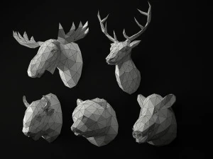 low poly animal heads set 3 3D Model
