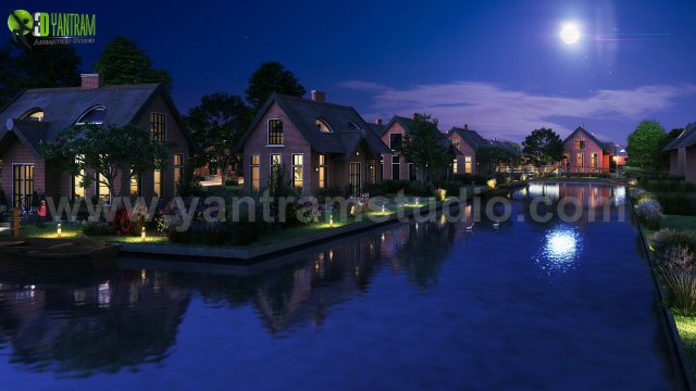 romantic night view of waterside villa 3d exterior modelling by yantram 3d animation studio sydney 3D 模型 .c4d .max .obj .3ds .fbx .stl .blend 