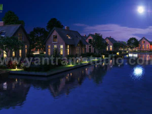 Romantische Nachtansicht einer Villa am Wasser. 3D-Au&szlig;enmodellierung von Yantram 3D Animation Studio Sydney 3D Modell