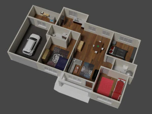 आंतरिक साज-सज्जा के साथ घर की योजना 3D मॉडल