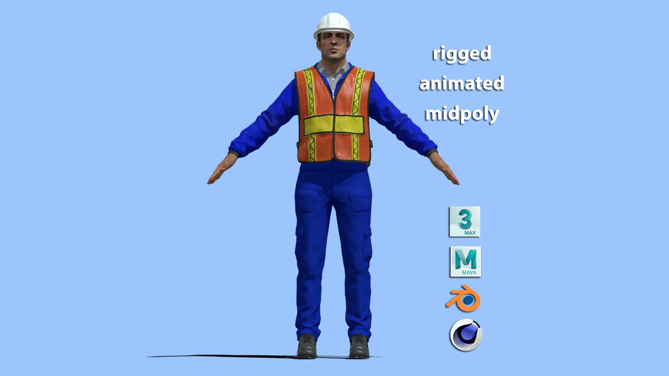 T-Pose Rigged Construction Worker 3D Model .c4d .max .obj .3ds .fbx .stl .blend