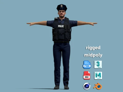 T-Pose Rigged Police Officer Character 3D 模型
