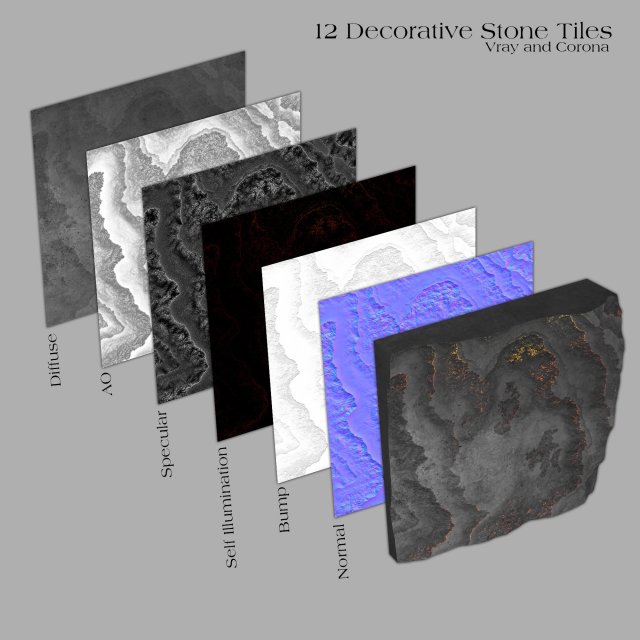 24 decorative stone tiles Model 3D .c4d .max .obj .3ds .fbx .stl .blend 