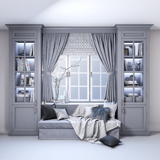 soft area near the window - sofa with pillows plaid and curtains decorative set 3D 模型 .c4d .max .obj .3ds .fbx .stl .blend 