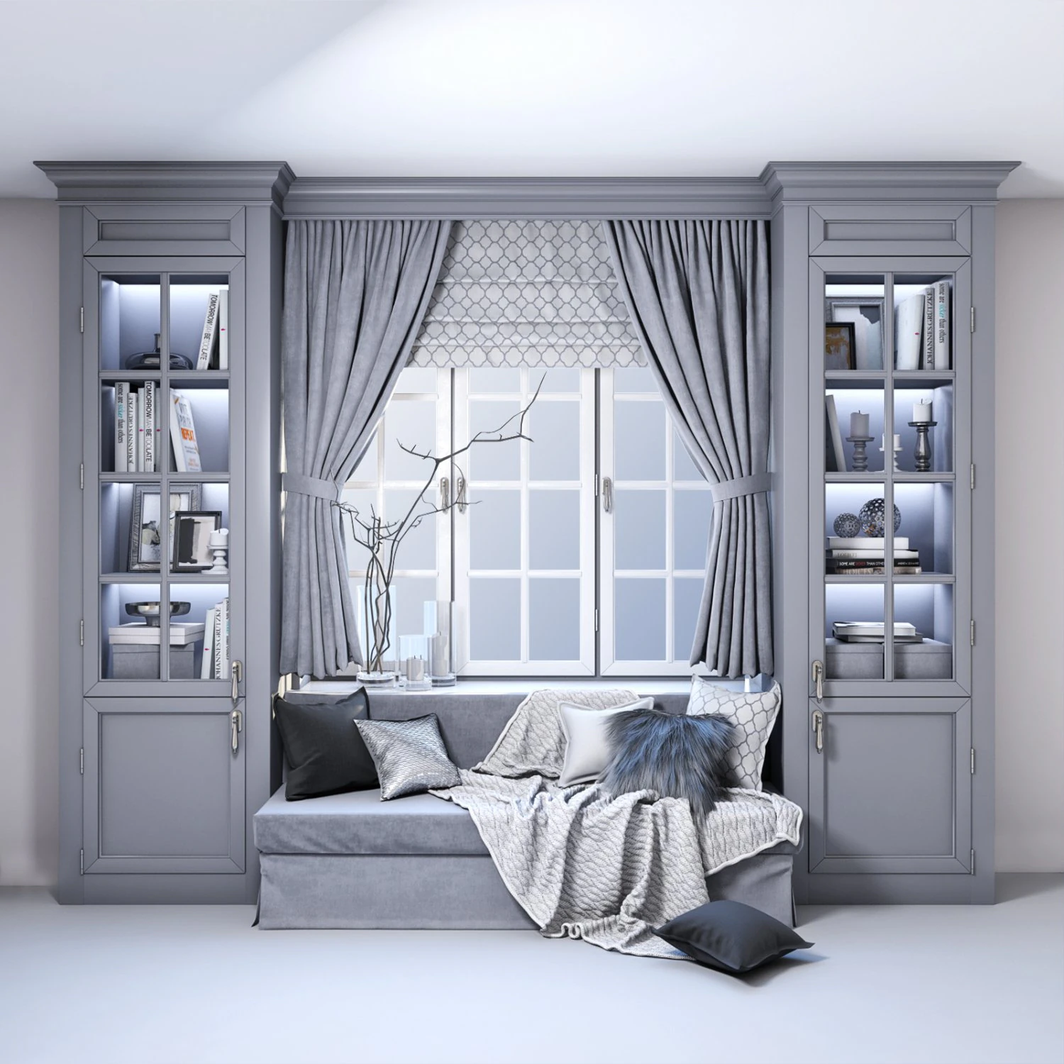 &aacute;rea macia perto da janela - conjunto decorativo de sof&aacute; com almofadas xadrez e cortinas Modelo 3D .c4d .max .obj .3ds .fbx .stl .blend 