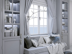 soft area near the window - sofa with pillows plaid and curtains decorative set 3D 模型