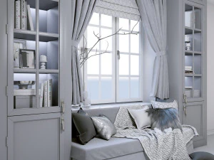 &aacute;rea macia perto da janela - conjunto decorativo de sof&aacute; com almofadas xadrez e cortinas Modelo 3D