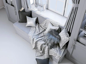 &aacute;rea macia perto da janela - conjunto decorativo de sof&aacute; com almofadas xadrez e cortinas Modelo 3D