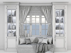 &aacute;rea macia perto da janela - conjunto decorativo de sof&aacute; com almofadas xadrez e cortinas Modelo 3D