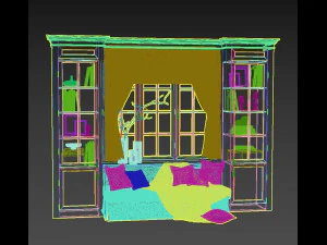 &aacute;rea macia perto da janela - conjunto decorativo de sof&aacute; com almofadas xadrez e cortinas Modelo 3D