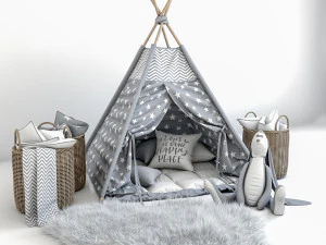 set dekoratif untuk anak-anak-wigwam dengan kasur, bantal, keranjang karpet bulu, dan mainan lembut kelinci Model 3D