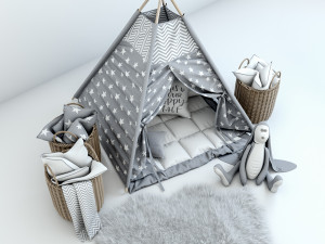 decorative set for children-a wigwam with a mattress pillows fur rug baskets and a soft toy hare 3D Model