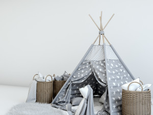 decorative set for children-a wigwam with a mattress pillows fur rug baskets and a soft toy hare 3D Model