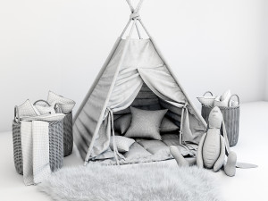 decorative set for children-a wigwam with a mattress pillows fur rug baskets and a soft toy hare 3D Model