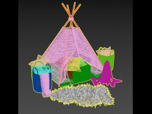 decorative set for children-a wigwam with a mattress pillows fur rug baskets and a soft toy hare 3D Model