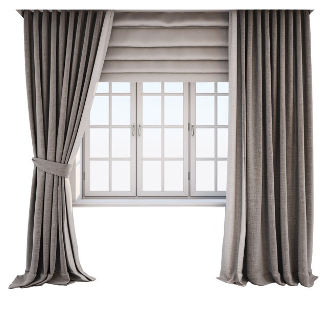 two-tone beige-brown curtains in the floor straight and with a pickup roman curtains and a window 3Dモデル .c4d .max .obj .3ds .fbx .stl .blend 