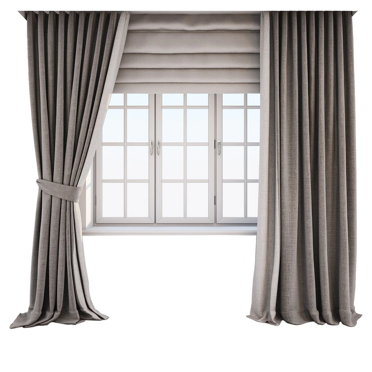 two-tone beige-brown curtains in the floor straight and with a pickup roman curtains and a window 3D Model .c4d .max .obj .3ds .fbx .stl .blend 