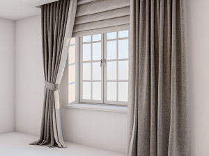 two-tone beige-brown curtains in the floor straight and with a pickup roman curtains and a window 3Dモデル
