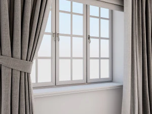 two-tone beige-brown curtains in the floor straight and with a pickup roman curtains and a window 3D Model
