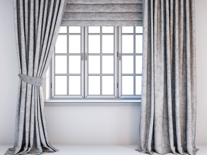 two-tone beige-brown curtains in the floor straight and with a pickup roman curtains and a window 3Dモデル