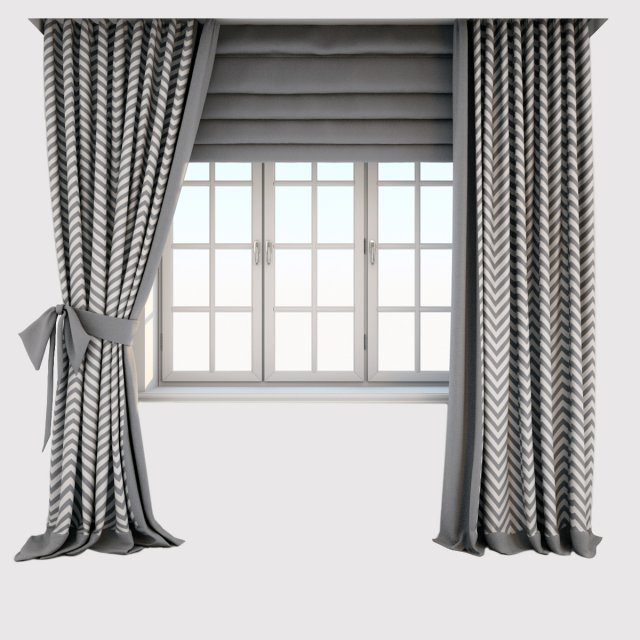 two-color gray-white curtains with zigzag print on the floor straight and with a bow roman blind 3D Model .c4d .max .obj .3ds .fbx .stl .blend 